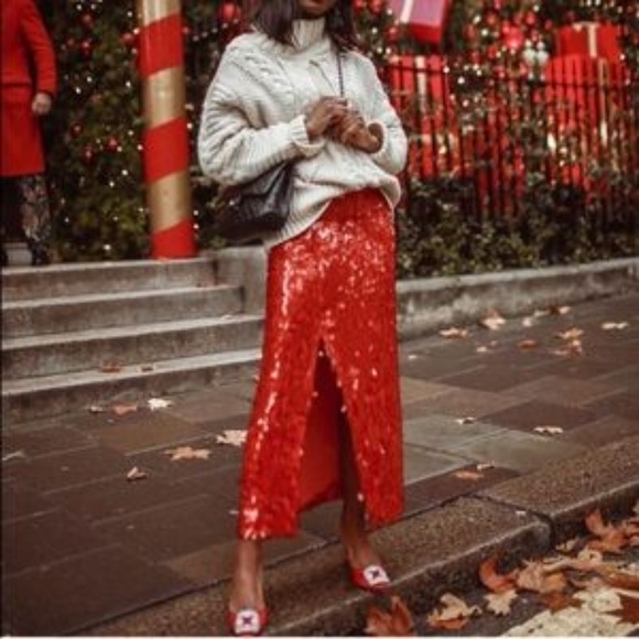 Zara Red Sequin Midi SKirt Size M - Picture 2 of 3